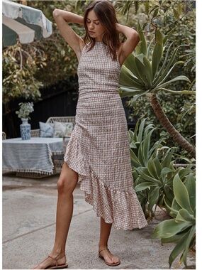 Misa Los Angeles Bertha Gingham Asymmetrical Ruffle-Hem Maxi dress
